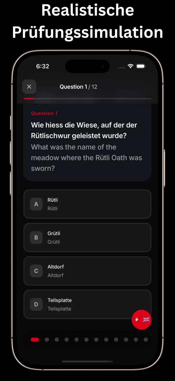 iPhone mit der Prüfungssimulation der Einbürgerungstest-App: Frage zum Rütlischwur mit vier Antwortoptionen