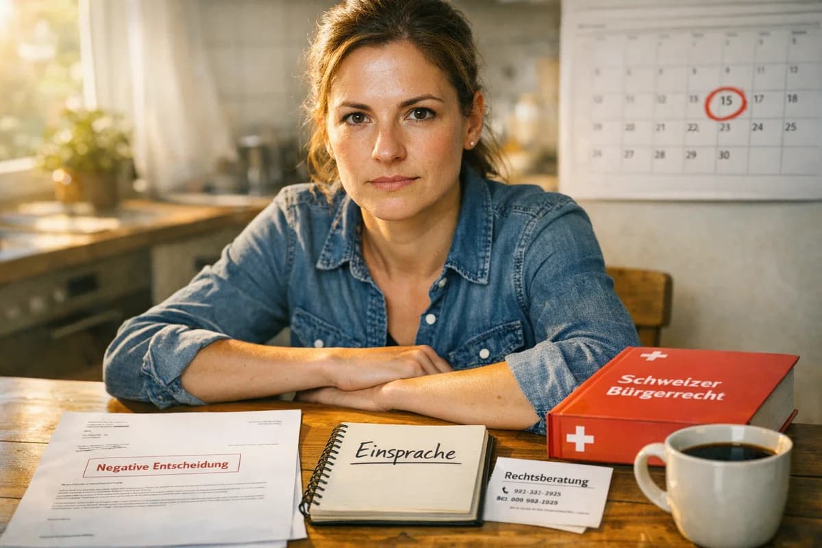 Determined person reading naturalization rejection letter with appeal documents and legal aid information on desk
