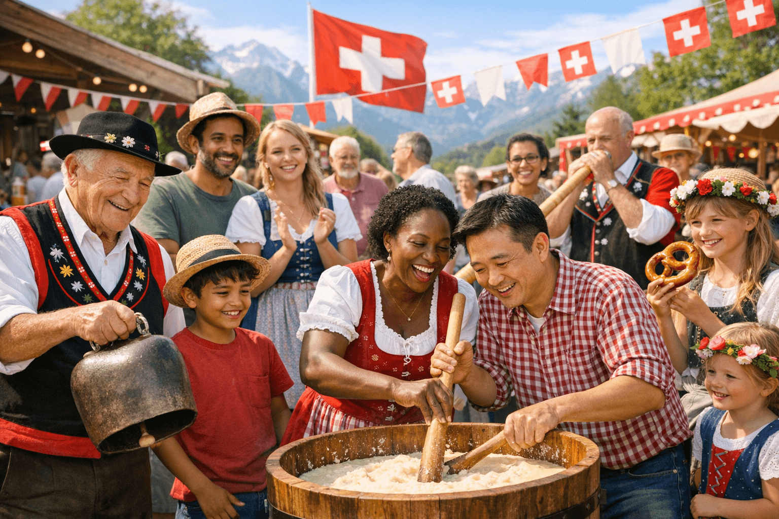 Diverse group of people at a Swiss community festival, participating in local traditions and celebrations together