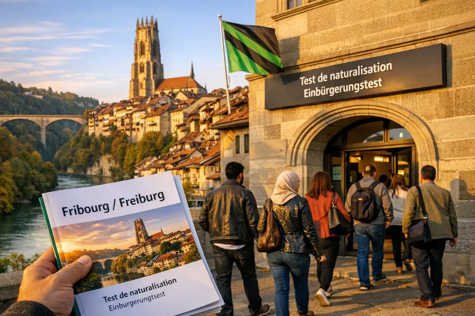 Altstadt von Freiburg mit der St. Nikolaus-Kathedrale und der Saane, der zweisprachigen Kanton, wo Einbürgerungstests stattfinden