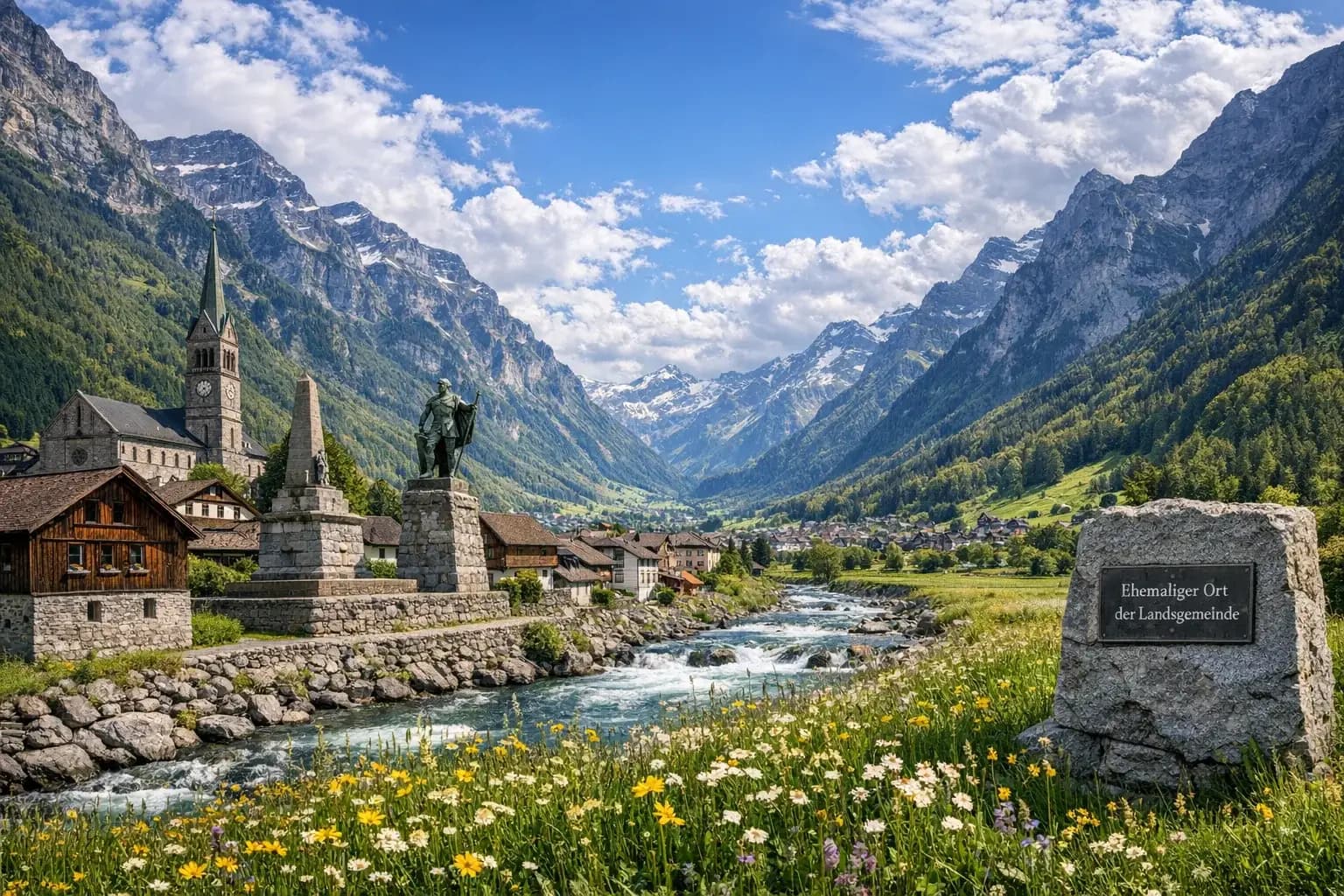 Glarus Linthal mit Bergpanorama und traditionellen Hausern