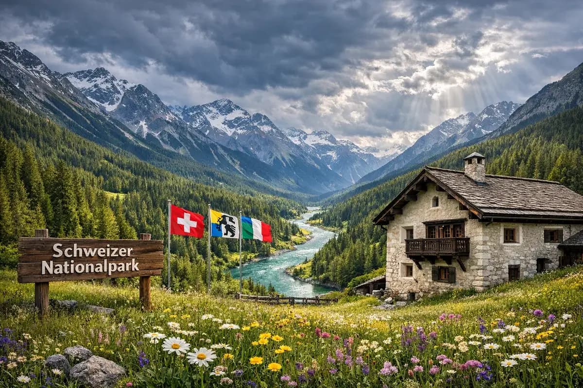 Der atemberaubende Schweizer Nationalpark in Graubünden mit Alpenbergen und Tälern, repräsentativ für den grössten und dreisprachigen Kanton der Schweiz, wo Einbürgerungstests stattfinden