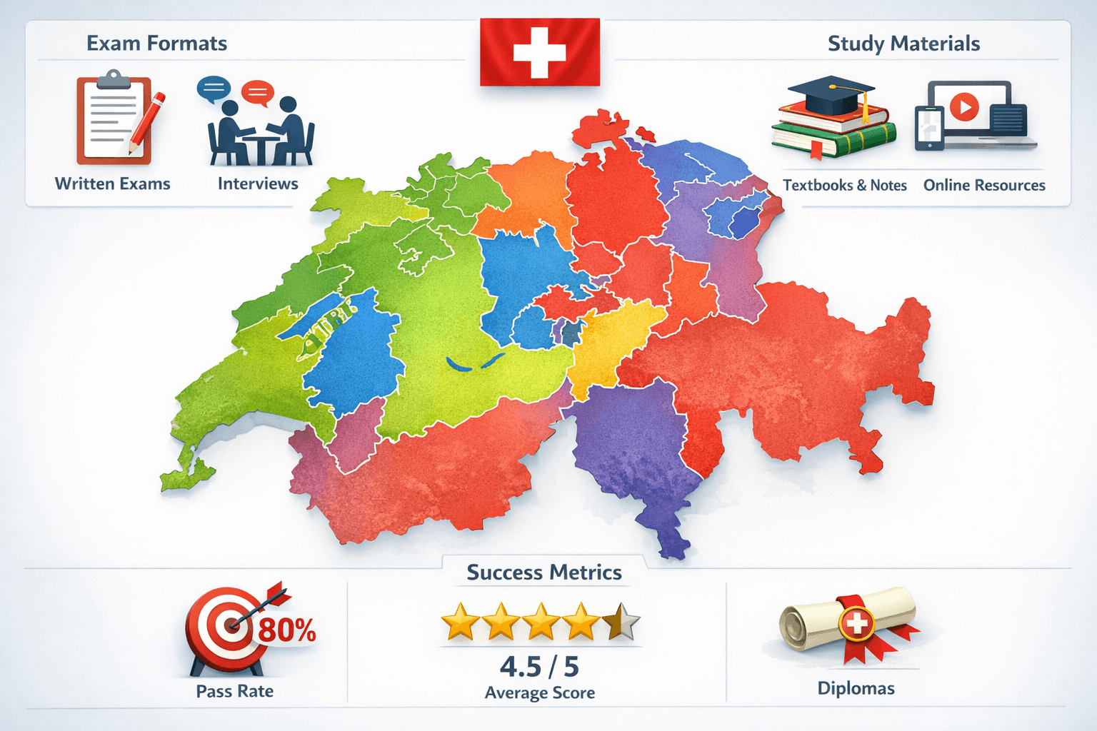 Karte der Schweiz mit Kantonen und verschiedenen Einbürgerungstest-Schwierigkeitsstufen