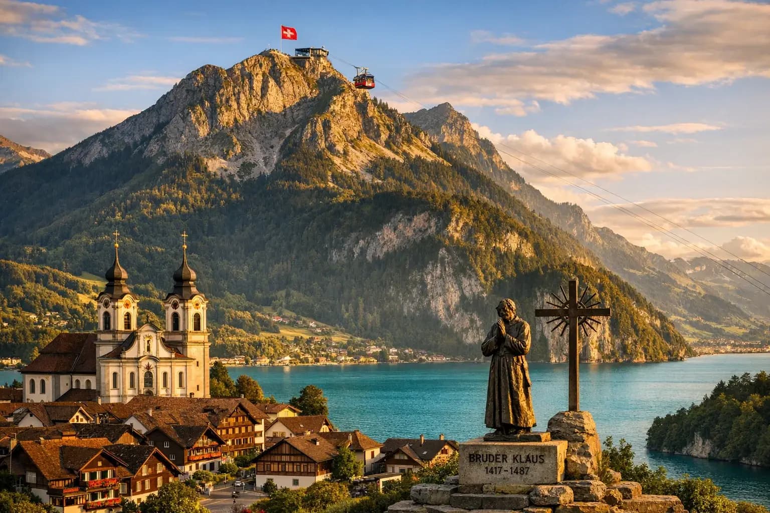 Stanserhorn mit Seilbahn und Blick auf den Vierwaldstattersee in Nidwalden