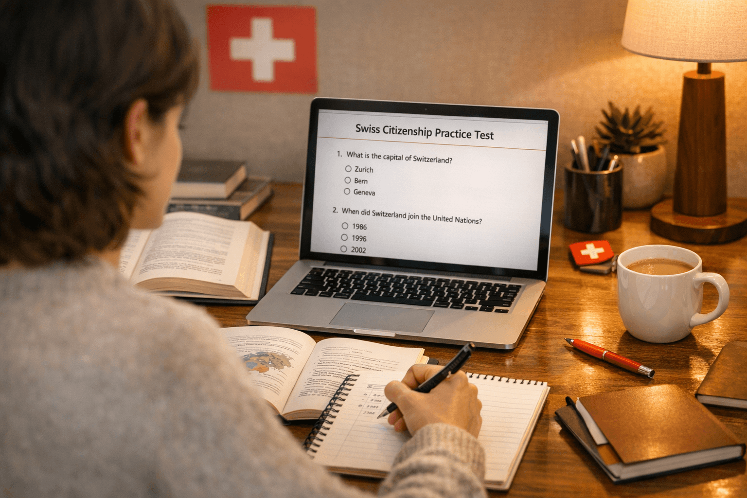Person studying for Swiss citizenship test with books and notes