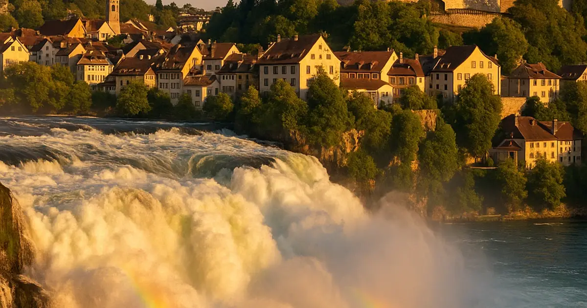The majestic Rhine Falls (Rheinfall) with the historic Munot fortress in the background, representing Canton Schaffhausen where citizenship tests take place
