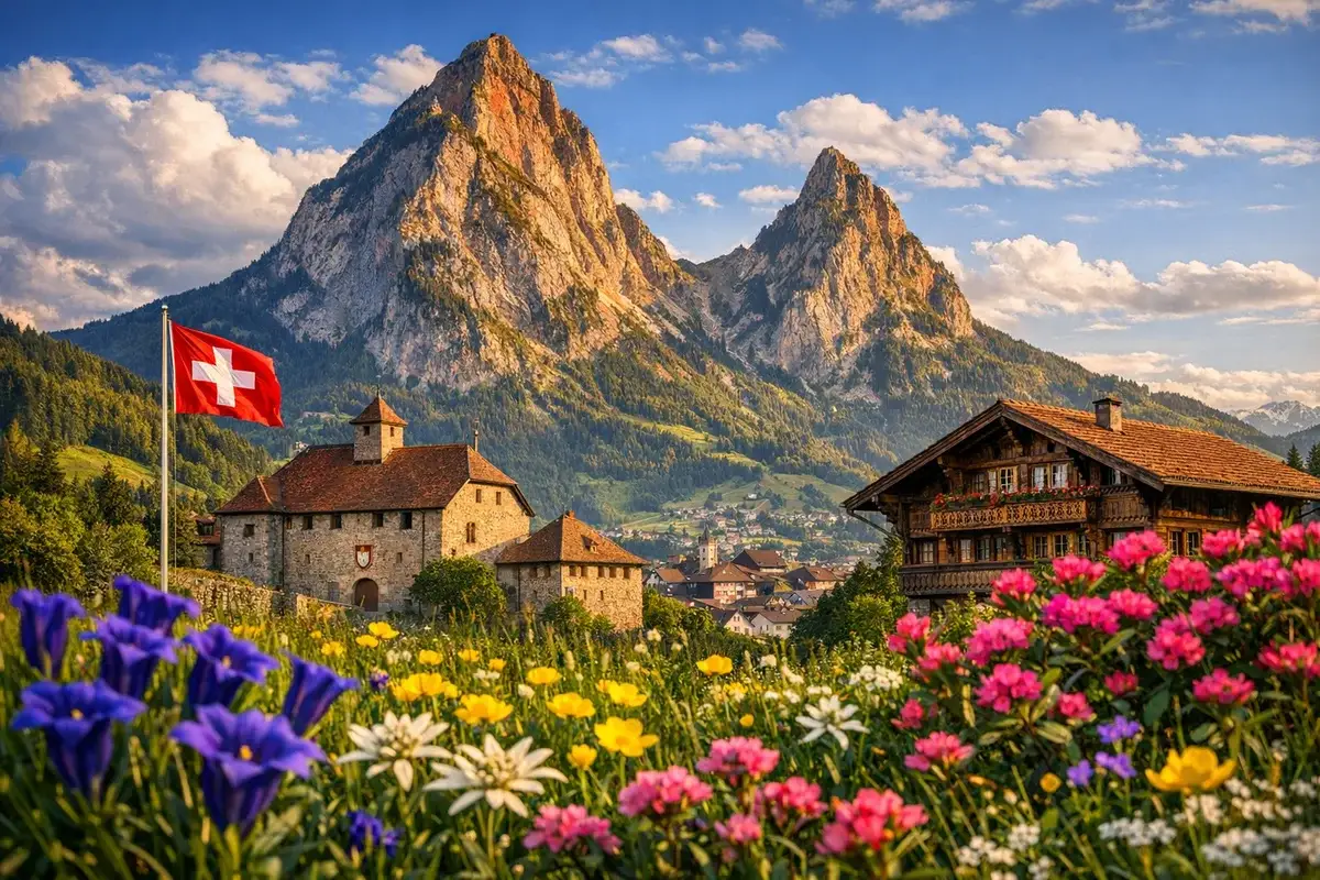 The iconic Mythen twin peaks in Schwyz canton, representing the founding canton that gave Switzerland its name where citizenship tests take place