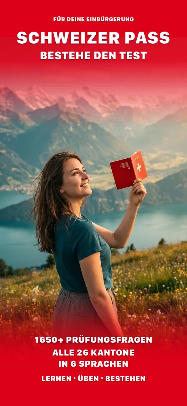 App-Store-Poster: Frau hält den Schweizer Pass vor einem Bergsee — 1650+ Prüfungsfragen, alle 26 Kantone, 6 Sprachen