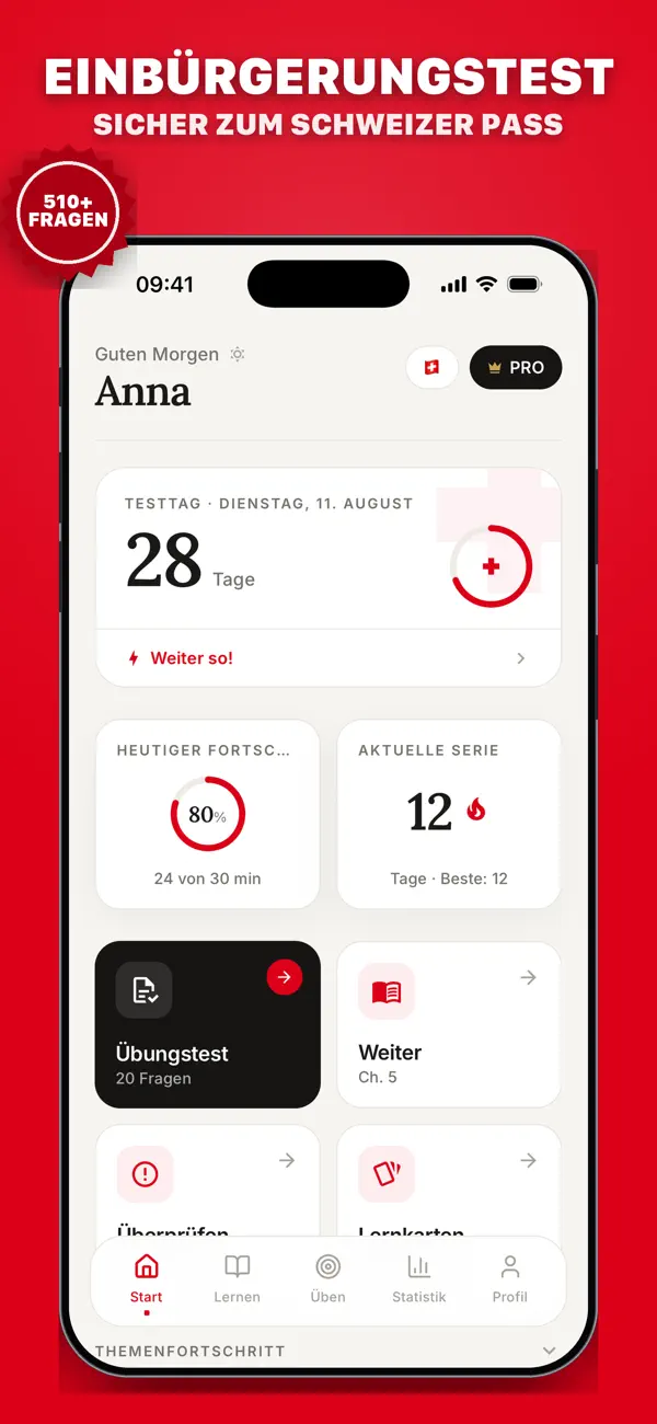 Dashboard con conto alla rovescia al giorno del test, progressi del giorno, serie di 12 giorni e scorciatoie a test e schede