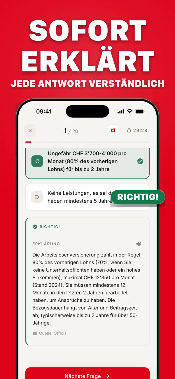 Frage im Übungstest mit laufendem Timer: richtige Antwort grün markiert, darunter die ausführliche Erklärung mit Vorlesefunktion