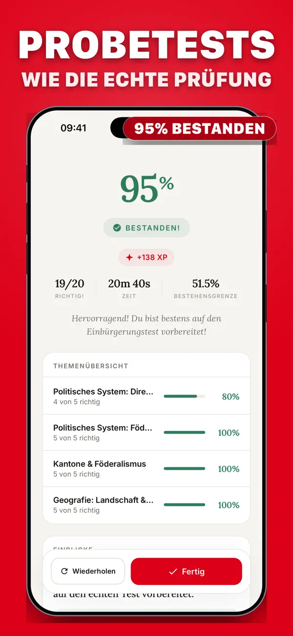 Probetest-Ergebnis: 95 Prozent und bestanden, 19 von 20 richtig in 20 Minuten, mit Übersicht nach Themen