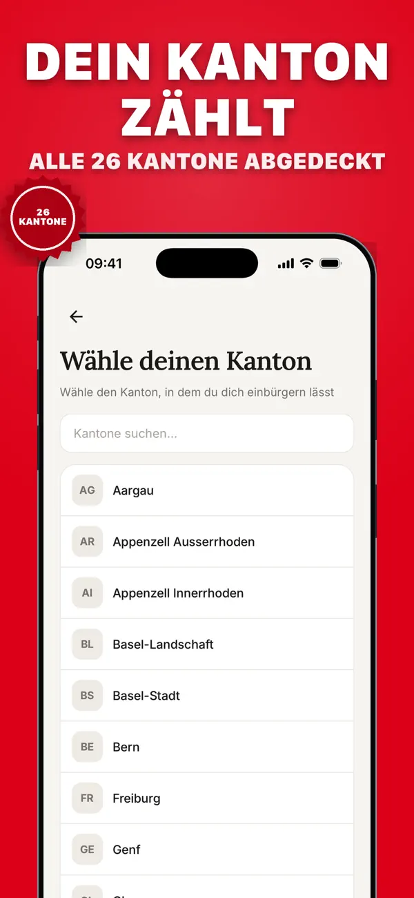 Kantonsauswahl mit Suchfeld: Liste aller 26 Kantone von Aargau bis Genf