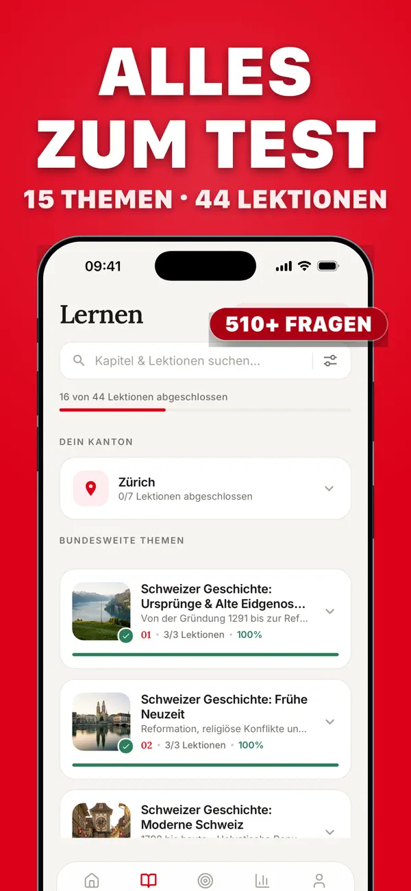 Espace d'étude avec les leçons fédérales par thème et les leçons cantonales du canton choisi, Zurich