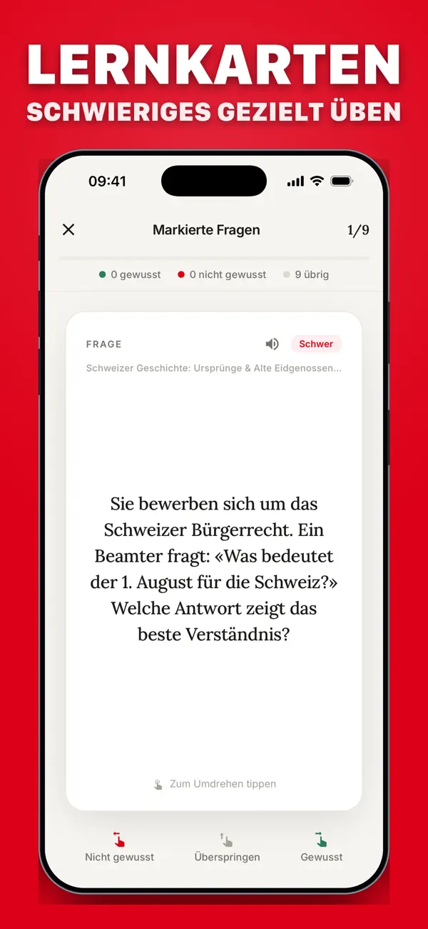 Lernkarte mit einer markierten Frage zum 1. August, zum Umdrehen, mit Bewertung Gewusst oder Nicht gewusst
