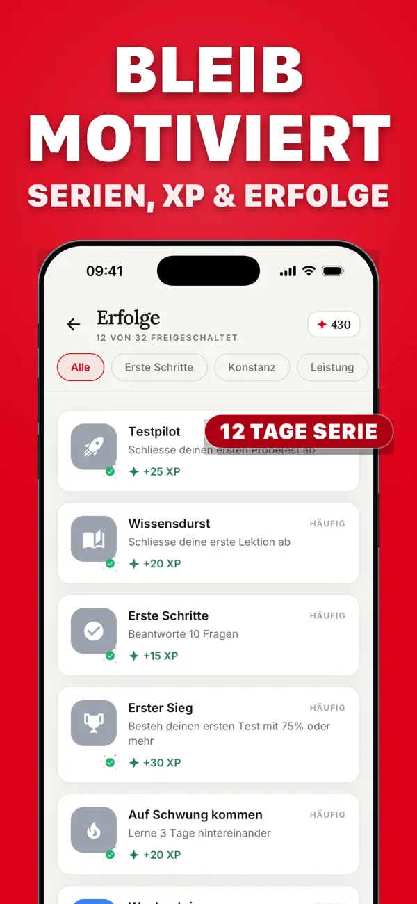Erfolge-Übersicht: 12 von 32 freigeschaltet, mit XP-Punkten und einer 12-Tage-Lernserie