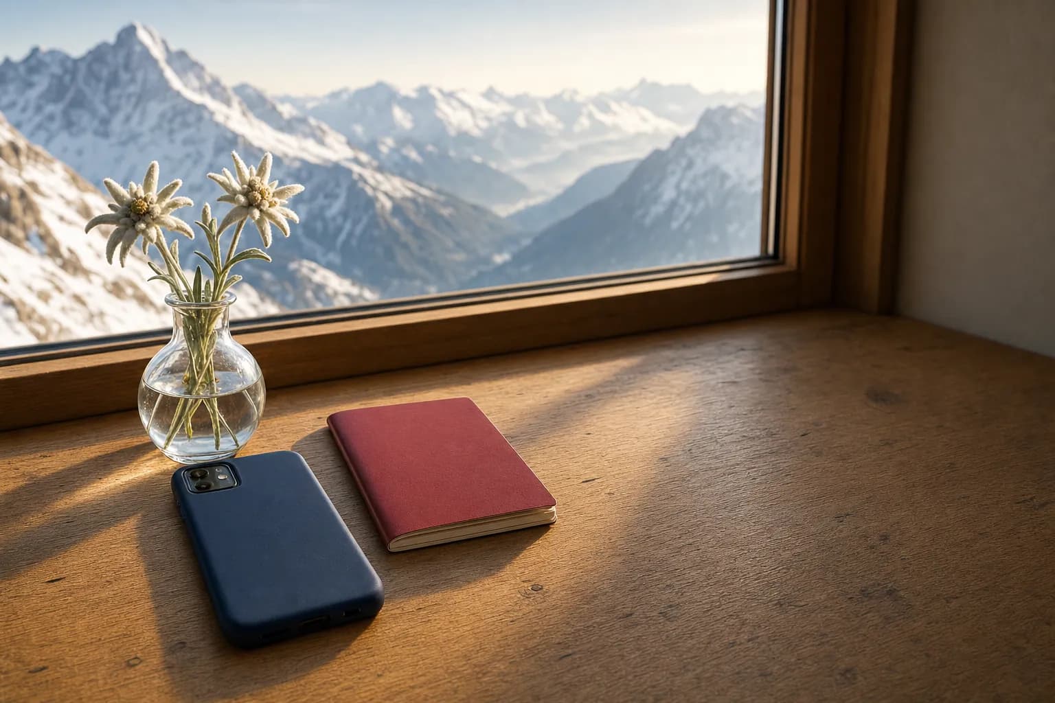 A phone lying face down beside a plain red booklet and an edelweiss sprig on a wooden desk