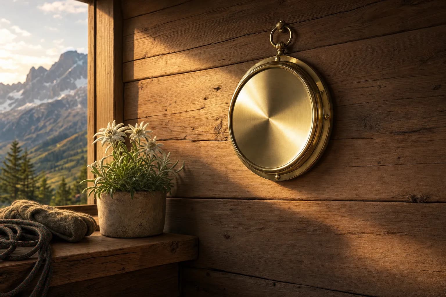 A brass barometer on a wooden chalet wall next to a small potted plant