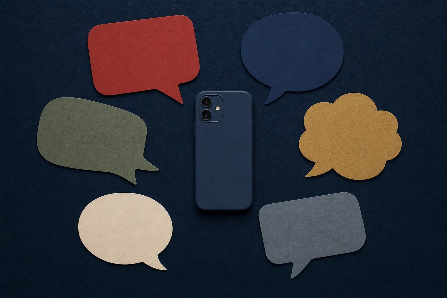 Six coloured paper speech bubbles arranged around a face-down phone on navy felt