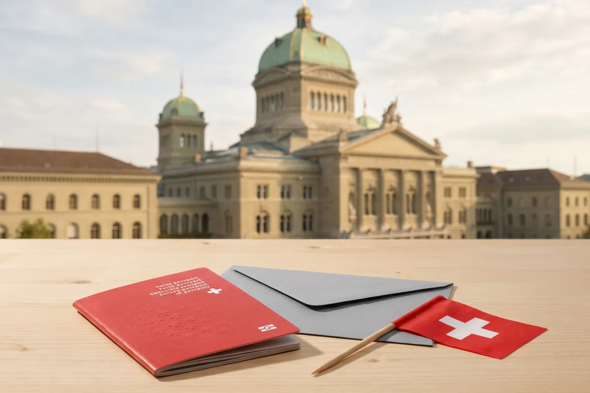 A red Swiss passport and a grey Swiss voting envelope on a wooden table, with the Federal Palace in Bern softly blurred in the background