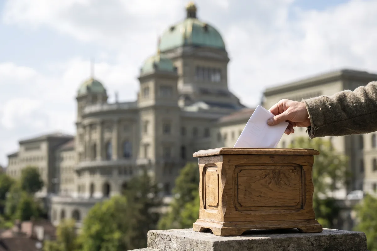 Eine Stimmbürgerin wirft einen Stimmzettel in eine Urne, im Hintergrund das Bundeshaus in Bern als Symbol der direkten Demokratie