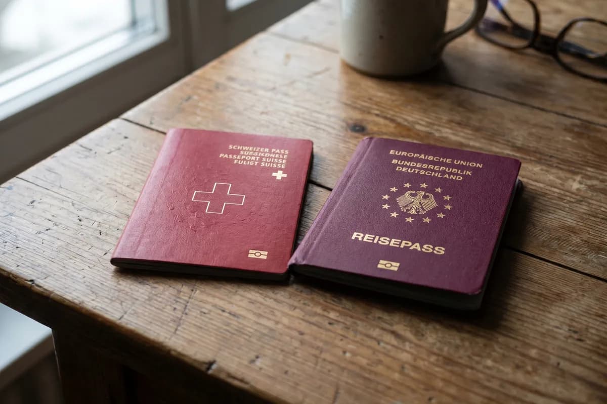 Passaporto svizzero e tedesco affiancati su un tavolo, simbolo della doppia cittadinanza Svizzera–Germania