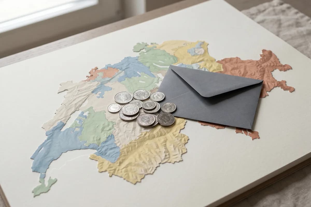 Une carte de la Suisse aux cantons de couleurs différentes et des pièces en francs suisses, symbole des taxes et règles de naturalisation qui varient selon le canton