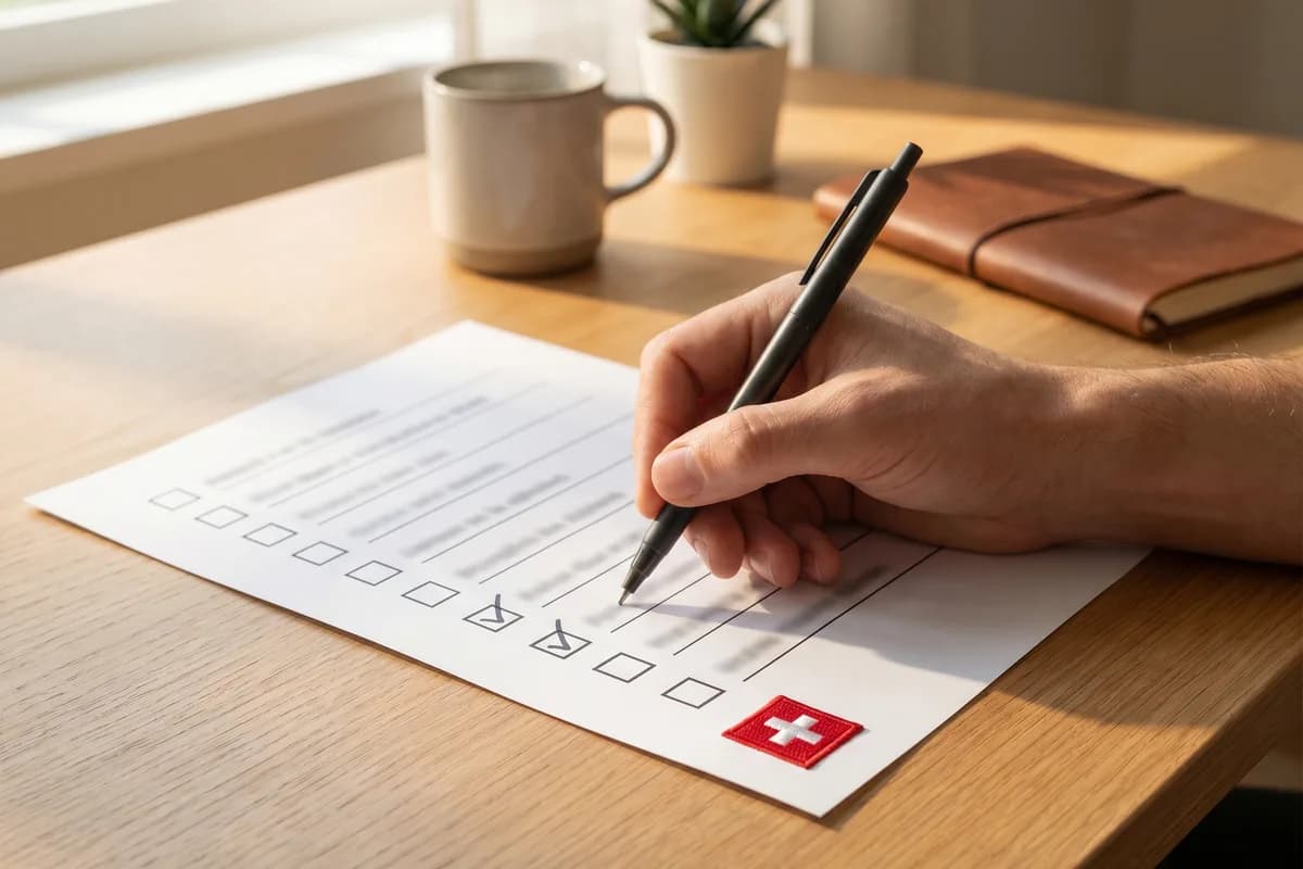 Una persona spunta una lista di requisiti per la naturalizzazione svizzera, con una croce svizzera rossa e una penna