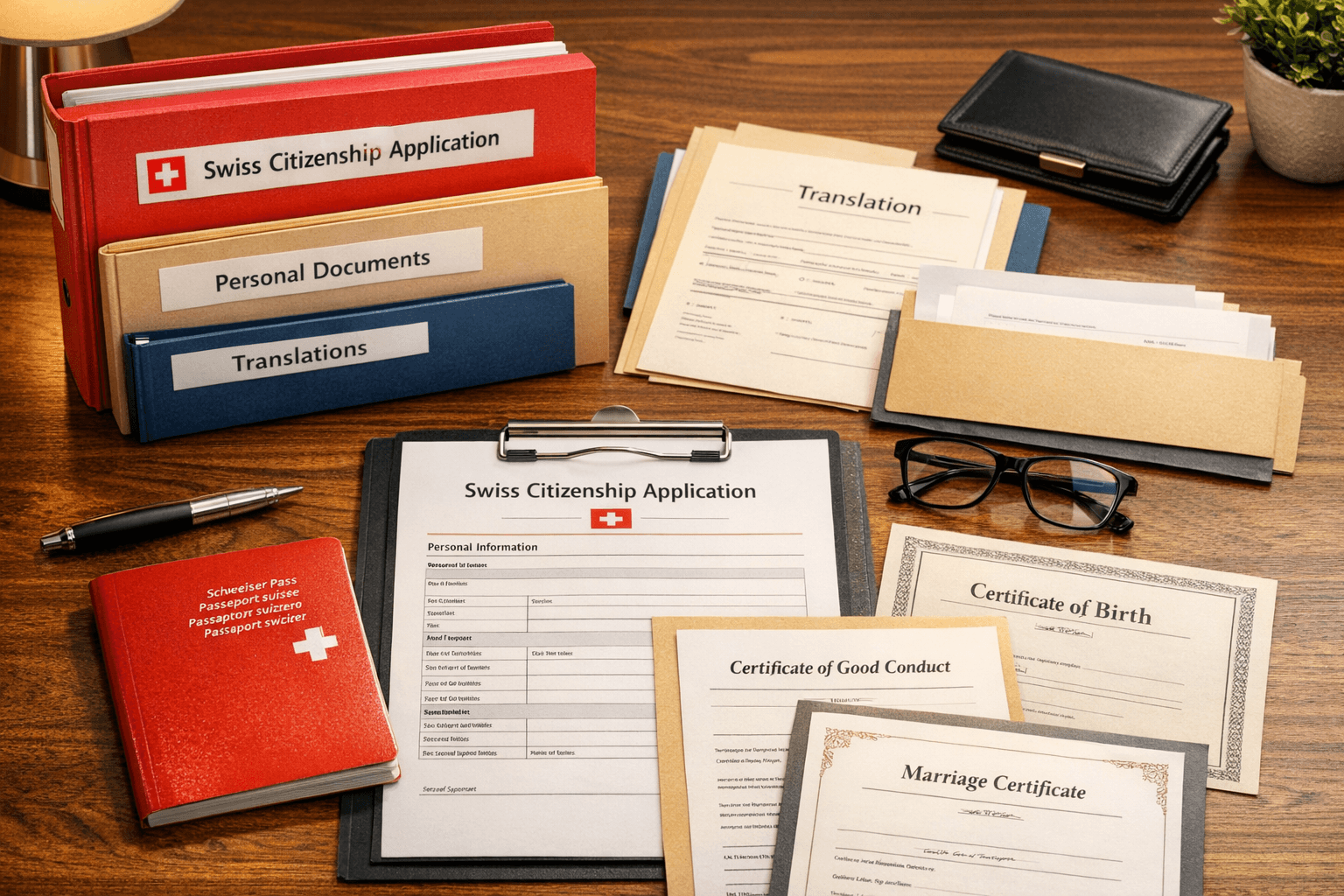 Swiss citizenship application documents being organized with folders, translations, and certificates