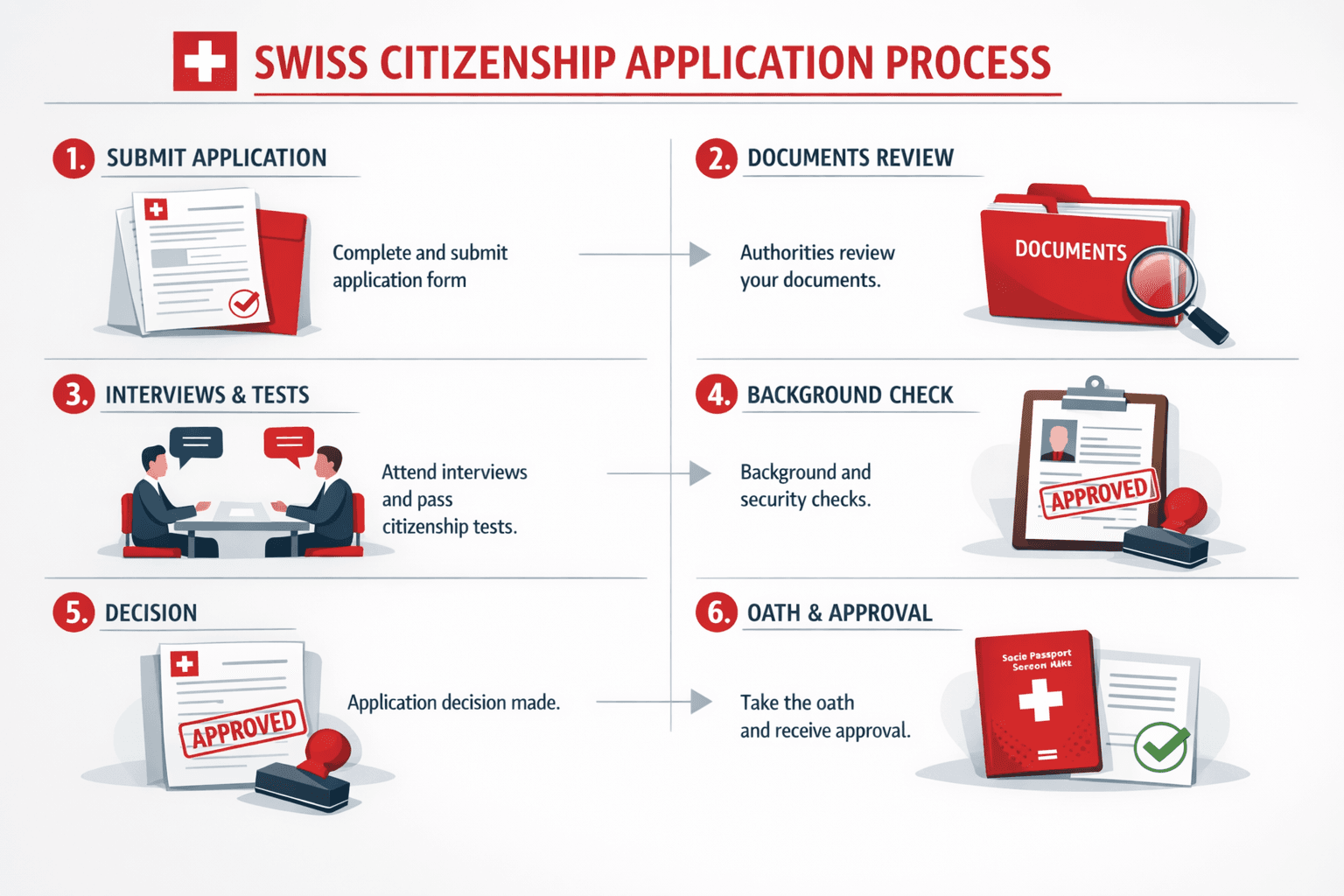 Step-by-step visual guide showing Swiss citizenship application stages with forms, documents, and approval stamps