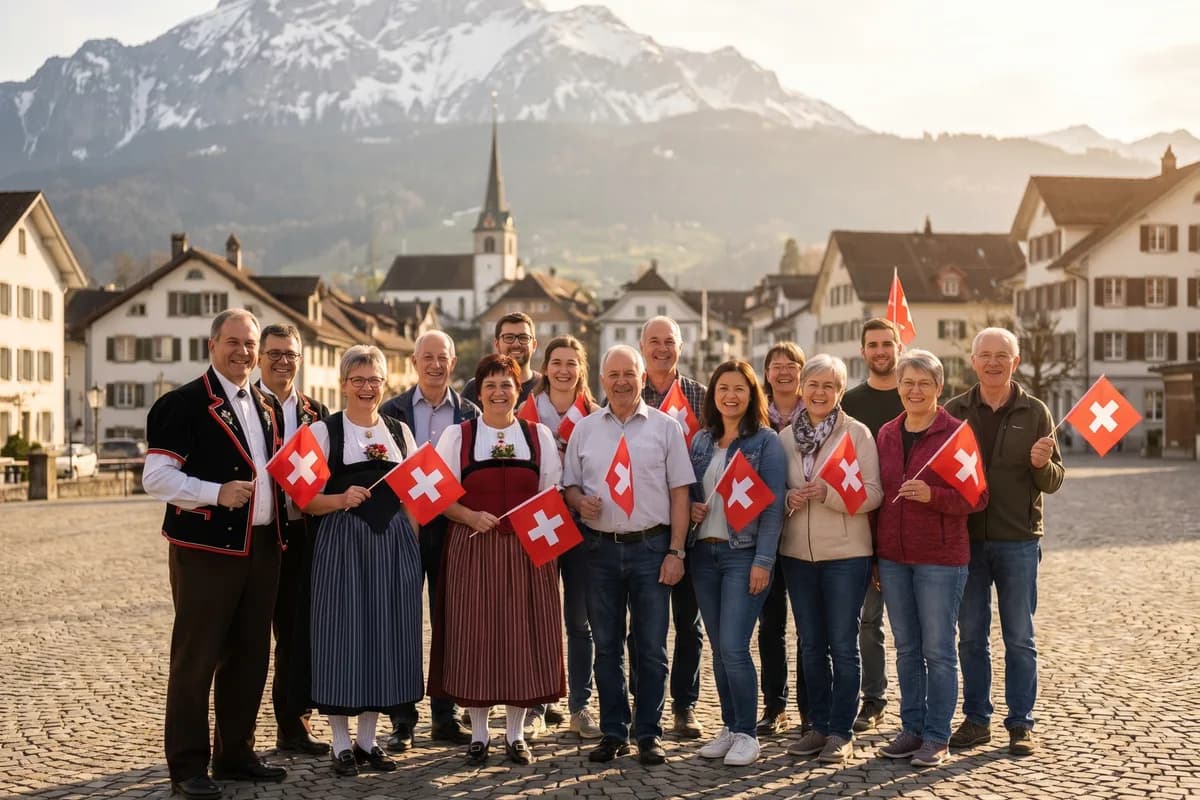 Eine vielfältige Gruppe neuer Bürgerinnen und Bürger mit kleinen Schweizer Fähnchen bei einer Einbürgerungsfeier