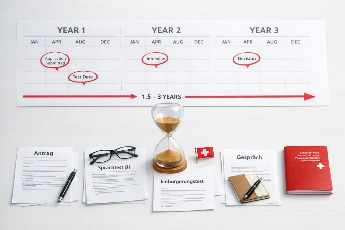 Timeline visualization showing Swiss naturalization process with calendar, passport, and milestone documents