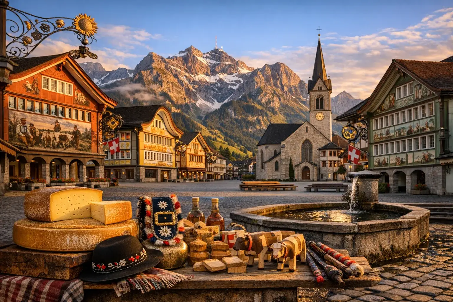 Appenzell Innerrhoden Landsgemeinde im Dorf mit bunten Fassaden und Bergkulisse