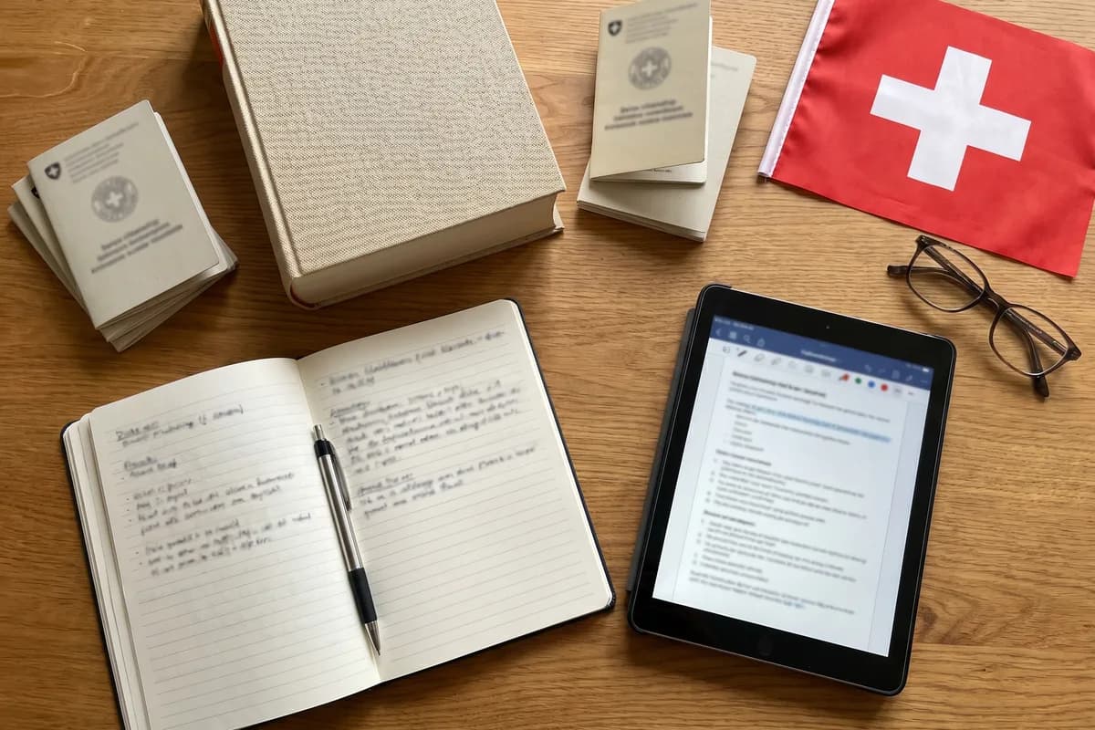Study materials for the Swiss citizenship test: official booklets, textbooks and the complete handbook on a desk