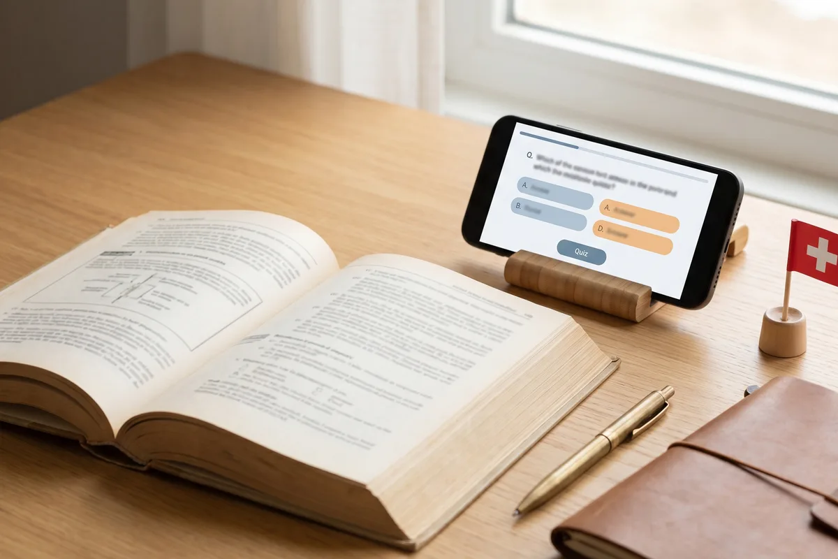 A study handbook and a smartphone app for the Swiss citizenship test side by side on a desk