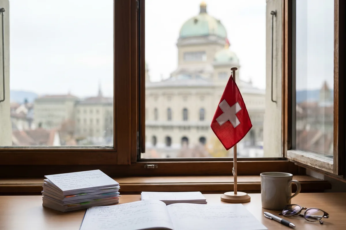 Palazzo federale a Berna, sede della politica svizzera, con schede di studio di educazione civica