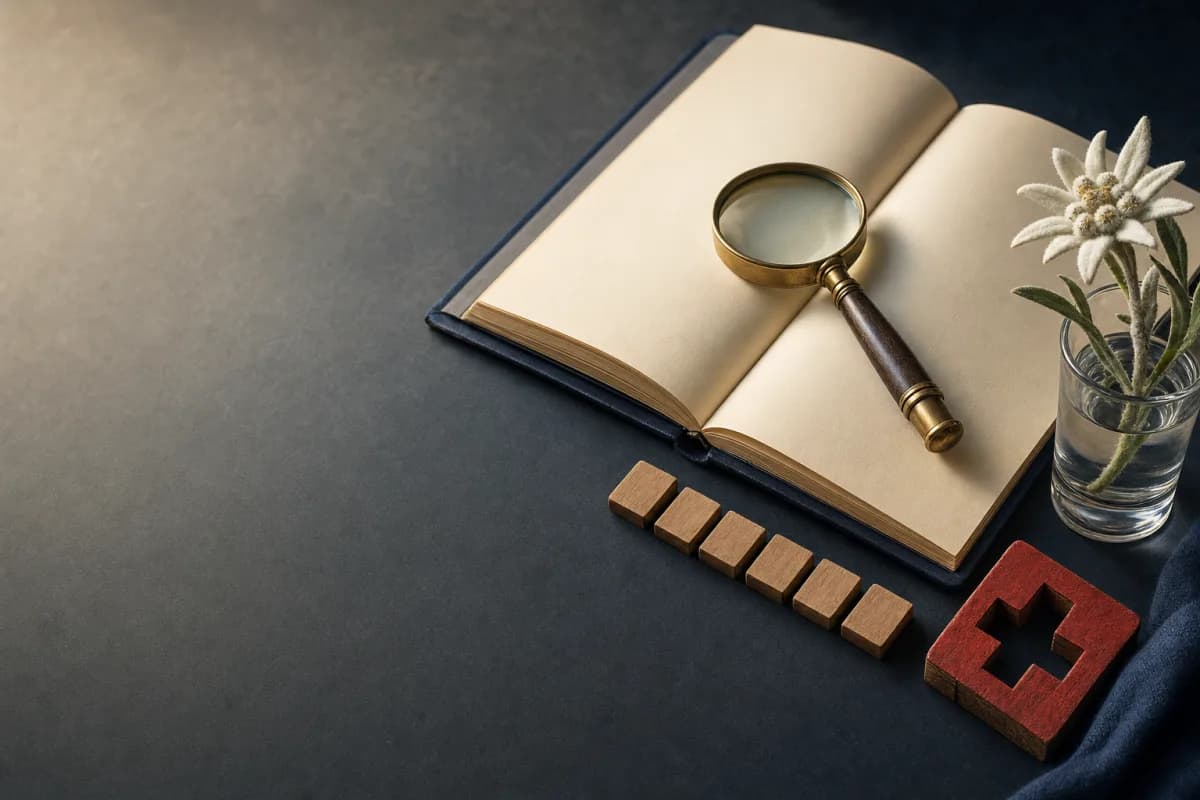Un quaderno aperto con pagine bianche, una lente d'ingrandimento in ottone, una fila di tessere di legno e una croce svizzera rossa intagliata su una scrivania scura