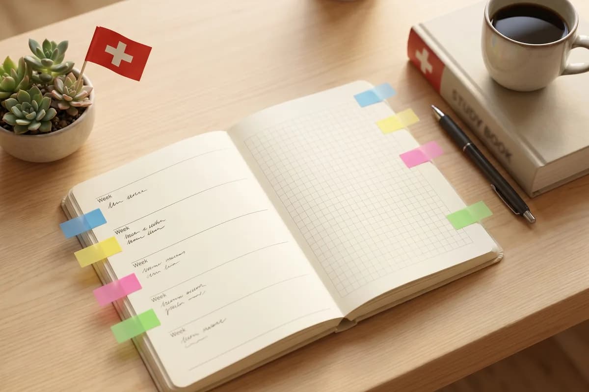 An 8-week study plan for the Swiss citizenship test: weekly calendar, the complete handbook and notes on a desk