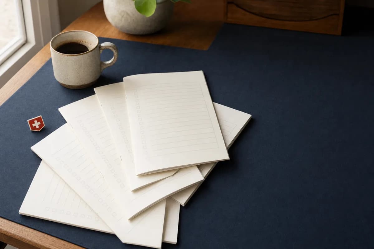 Quaderni d'esame vuoti disposti a ventaglio su un sottomano blu scuro, accanto a una tazza di caffè e a una piccola spilla con la croce svizzera