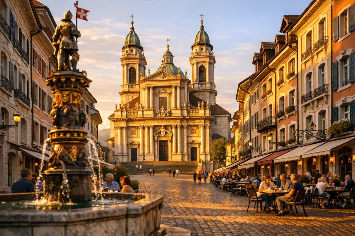Die wunderschöne barocke Altstadt von Solothurn mit der St. Ursen-Kathedrale, repräsentativ für den elften Kanton, bekannt für seine Architektur und Uhrenherstellung, wo Einbürgerungstests stattfinden