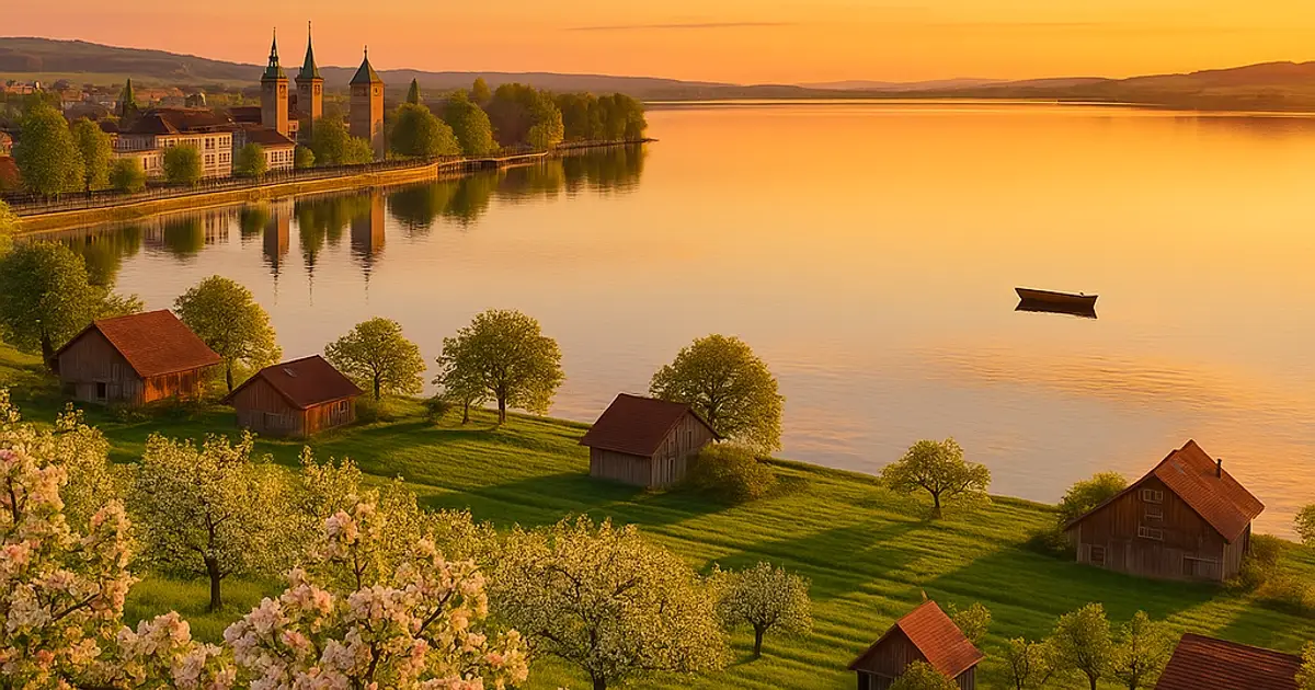 Lake Constance shore in Thurgau at sunset with blossoming apple orchards, farmhouses and a lakeside town with church towers