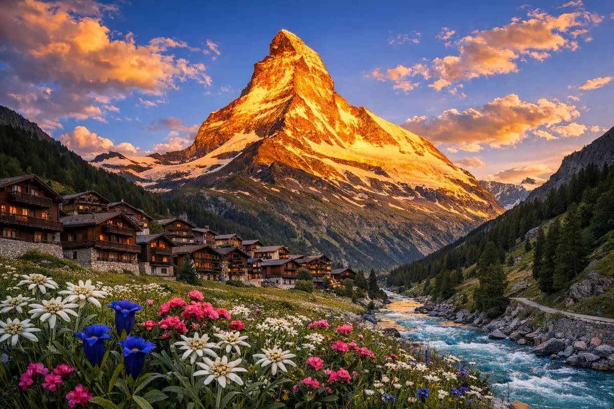 Le Cervin au-dessus de la vallée du Rhône dans le canton du Valais