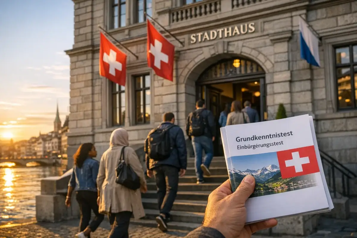 Zurich City Hall where Swiss citizenship tests take place, with diverse applicants entering the building