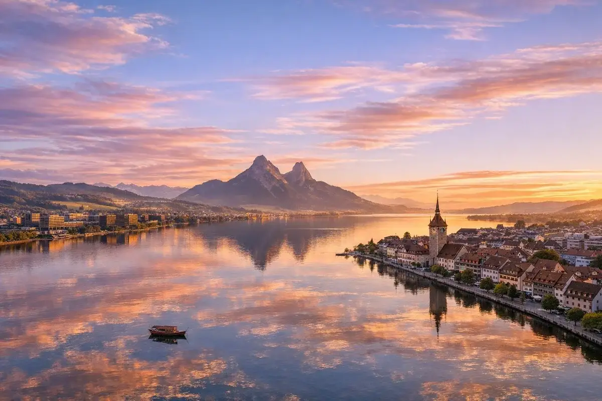 Lago di Zugo con la vecchia città di Zugo sullo sfondo, rappresentante il ricco canton noto come Crypto Valley dove si svolgono i test di naturalizzazione