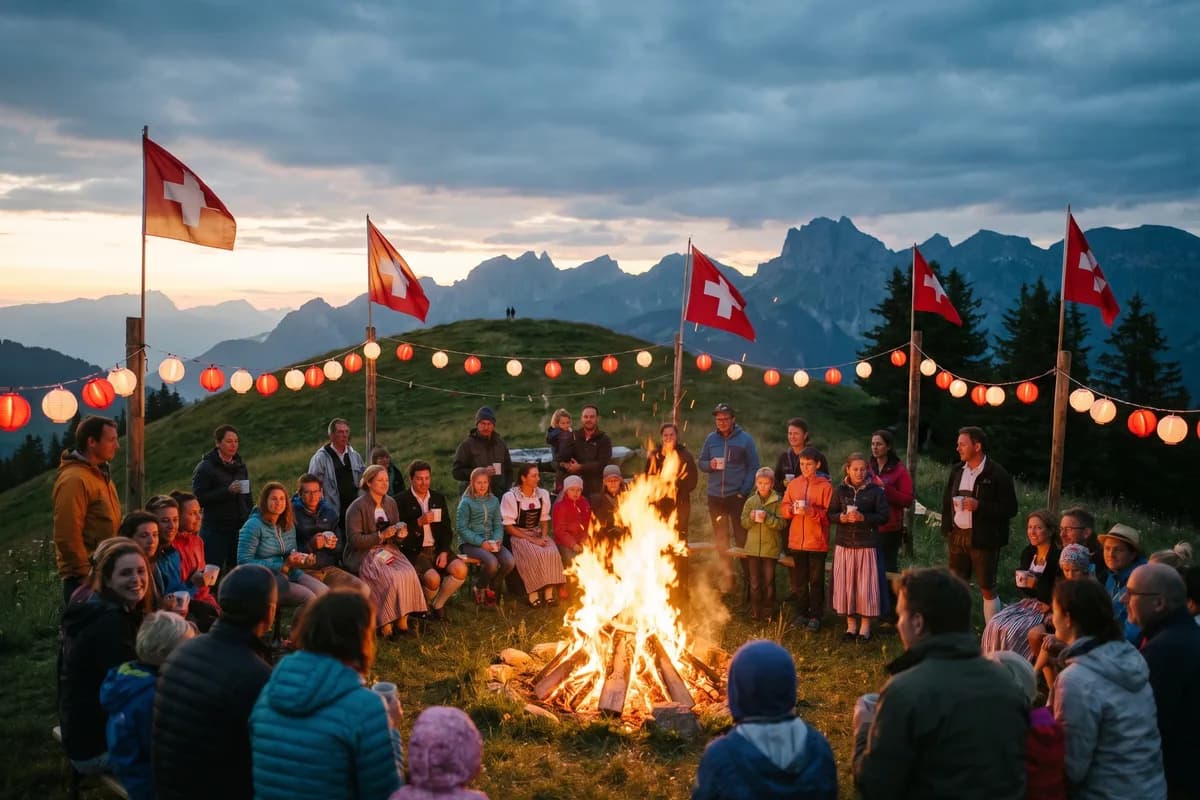 Falò della Festa nazionale svizzera su una collina al tramonto, con bandiere svizzere e lampioni, famiglie che festeggiano il 1° agosto