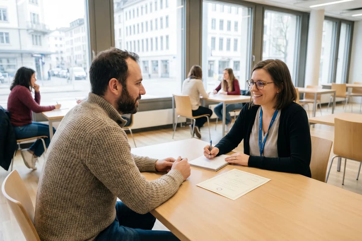 Eine Person legt den fide-Sprachtest in der Schweiz ab und spricht mit einer Prüferin in einem hellen Testzentrum, daneben ein Sprachenpass auf dem Tisch