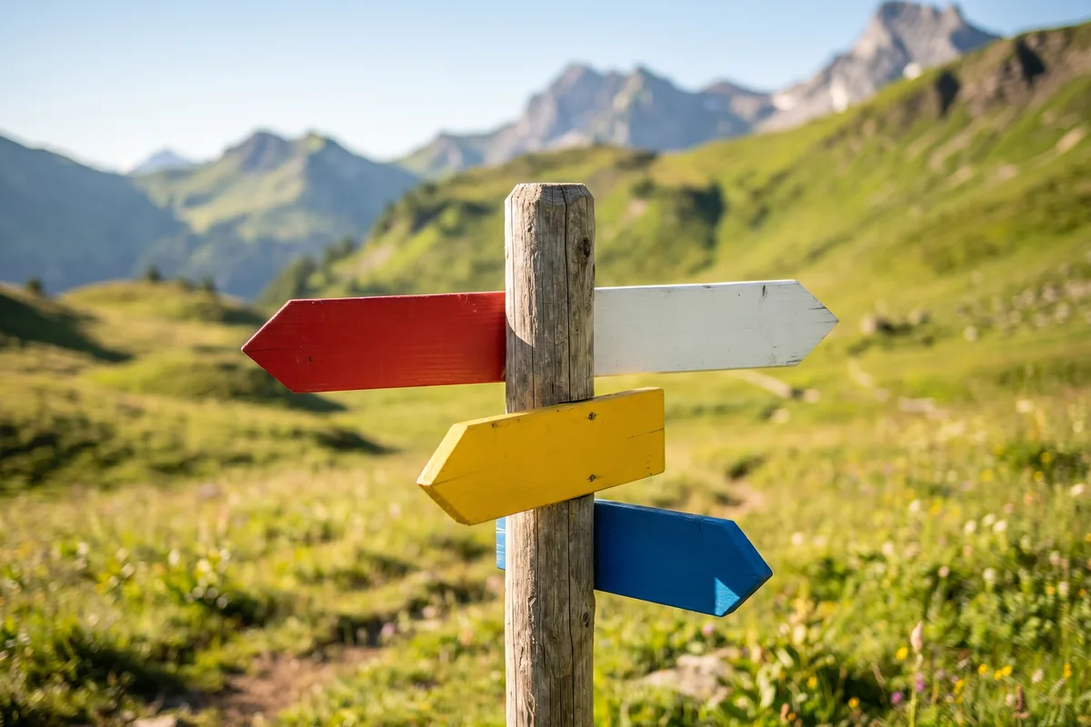 Four colourful direction signs on a wooden signpost against a Swiss mountain landscape, symbolising the four language regions of Switzerland