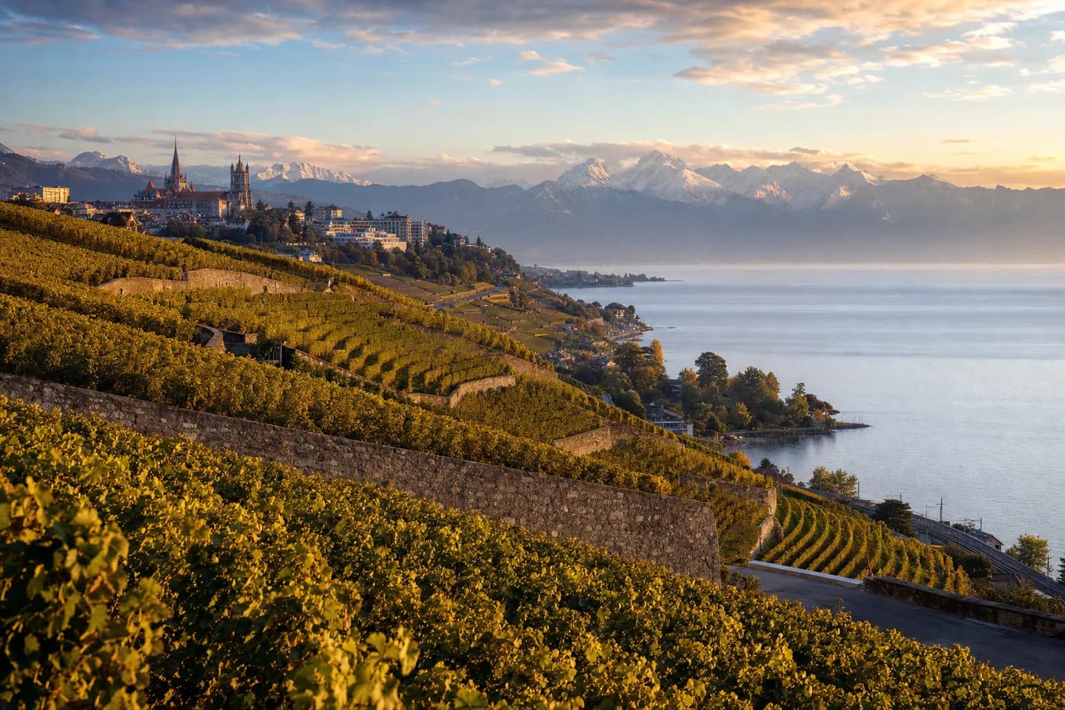 Die Weinbergterrassen des Lavaux über dem Genfersee im Kanton Waadt, mit der Kathedrale von Lausanne und den Alpen dahinter