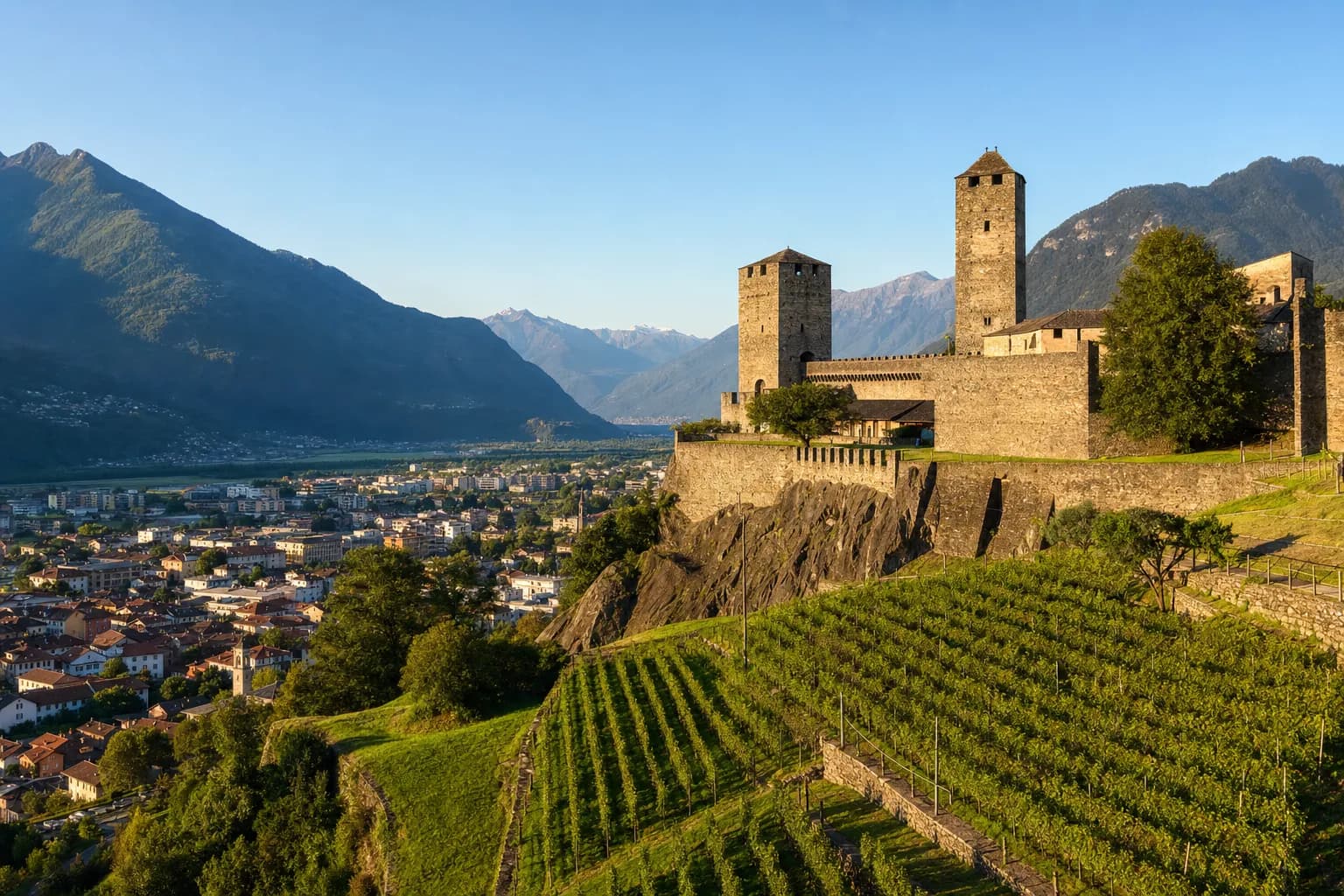 Die Festung Castelgrande über Bellinzona im Kanton Tessin, mit Reben am Hang und dem Alpental dahinter