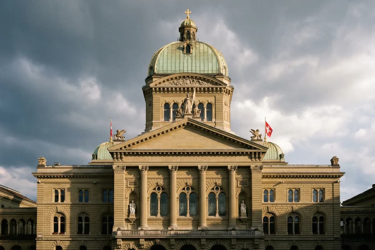 Das Bundeshaus in Bern, Sitz des siebenköpfigen Schweizer Bundesrats, mit wehender Schweizer Fahne