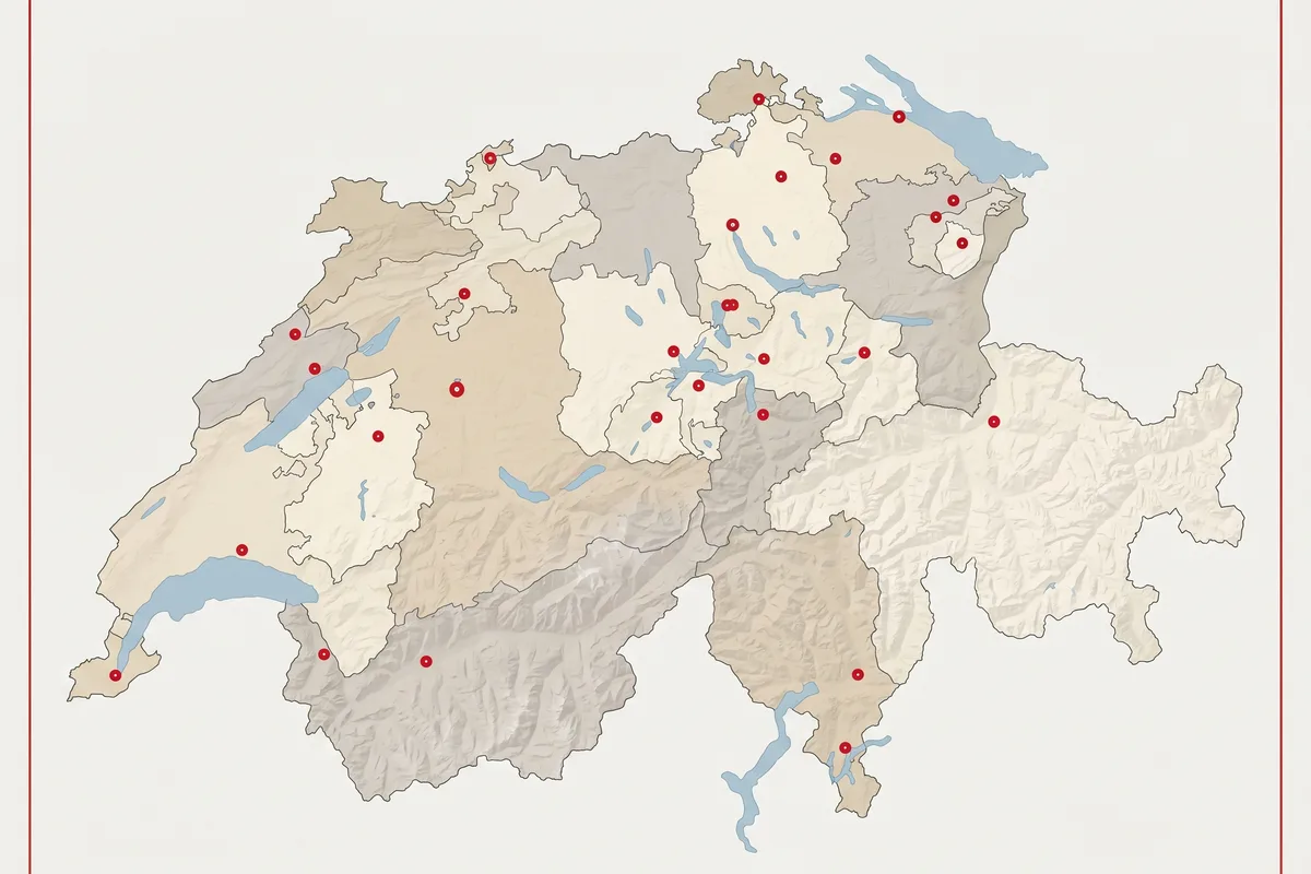 Karte der Schweiz mit allen 26 Kantonen, ihren Grenzen und markierten Hauptstädten